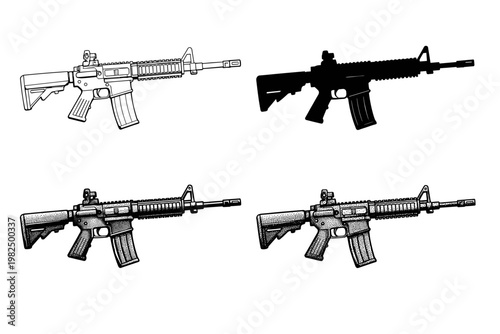 Set of four assault rifle illustrations showcasing various hand-drawn techniques like line art, solid silhouette, and detailed stippling, perfect for military, tactical, or graphic design projects