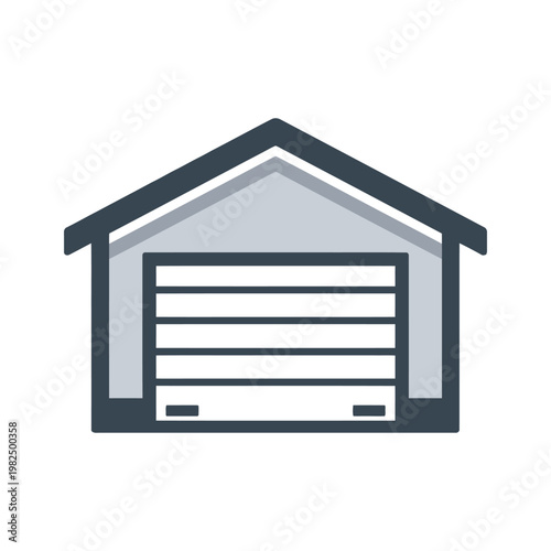 Simple gray and black garage icon with a closed sectional door on a white background