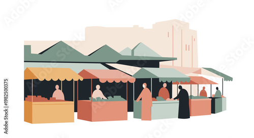 A vibrant marketplace scene depicts various stalls with vendors and customers, showcasing a bustling atmosphere with muted pastel tones and geometric architectural shapes,