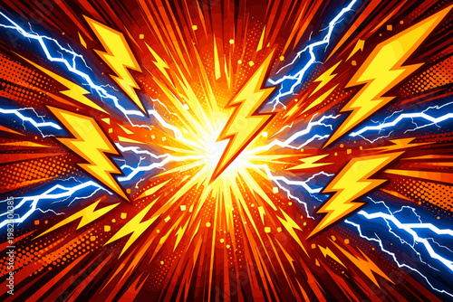 Comic Style Thunder Bolt Background with Energy Lightning and Electric Line Pattern, Flash Speed Power Effect Vector Illustration for Pop Art Design, Superhero Action, and Dynamic Explosion.