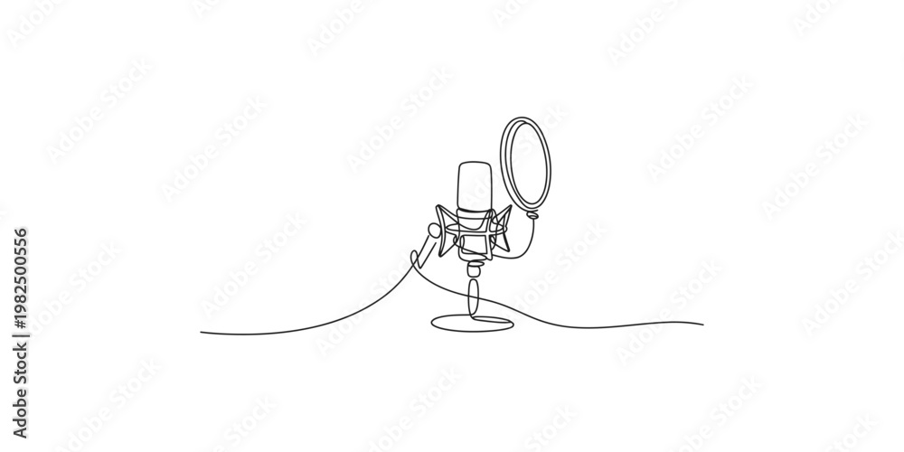 Obraz premium Continuous line drawing of a microphone with pop filter on a stand recording music audio