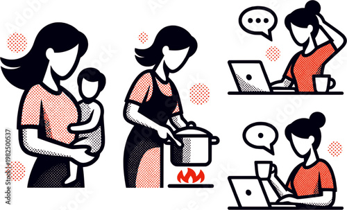 Multitasking mother icon set with woman holding baby, cooking, and working on laptop in pop art style.