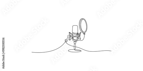 Continuous line drawing of a microphone with pop filter on a stand recording music audio