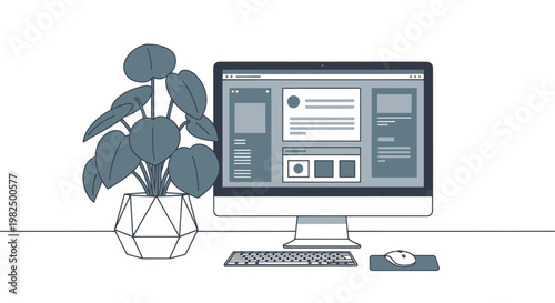 Clean flat line illustration of a modern computer workspace with a house plant.