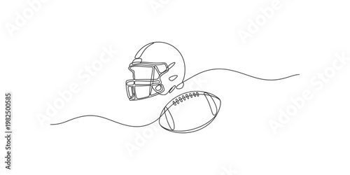 American football helmet and ball in a one line drawing style illustration continuous sports equipment
