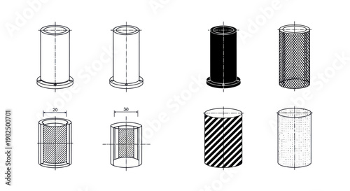 Technical drawings of various cylindrical shapes and engineering diagrams.