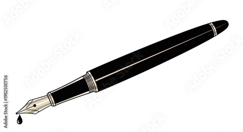 Elegant black fountain pen with a dripping ink droplet.