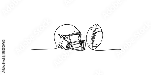American football helmet and ball in one line drawing style single art sports equipment game