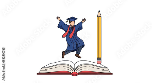 Joyful graduate jumps with excitement beside a giant pencil and open book.