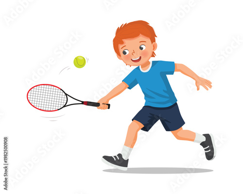 Little boy play tennis with racket