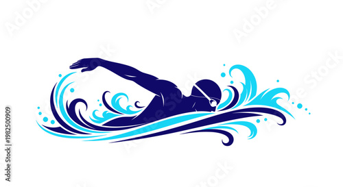 Dynamic swimmer in water doing front crawl stroke vector illustration.