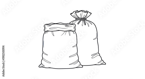 Simple line art illustration of two sacks, one open and one tied.