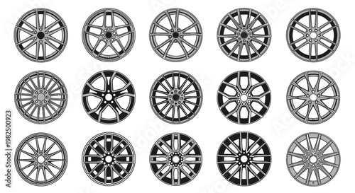 A collection of various car wheel rims designs.