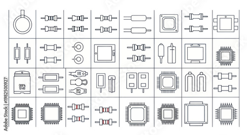 Electronic Components Vector Icon Set for Circuits and Technology