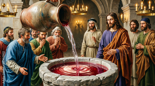 Jesus transforms water into wine at Cana, revealing divine power and sacred grace.