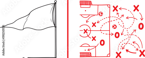 Soccer strategy and flag vector illustration with tactical football pitch diagram for sports coaching and team planning