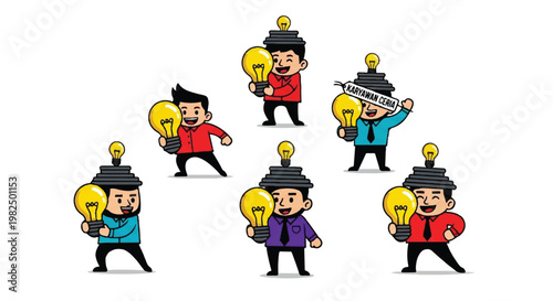 Cartoon people holding illuminated light bulbs idea concept
