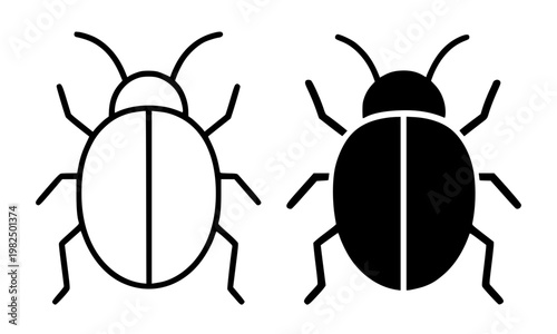 Minimalist bug icon, in outline and silhouette design