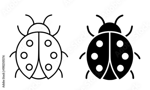 Ladybug minimalist icon, in outline and silhouette design