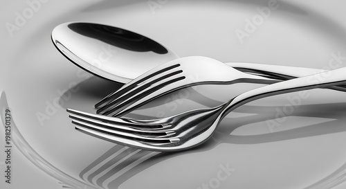 Close up of spoon and fork on a white plate with subtle reflection