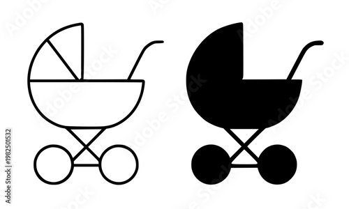 Stroller minimalist icon, in outline and silhouette design