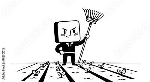 Television character holding a rake tool.