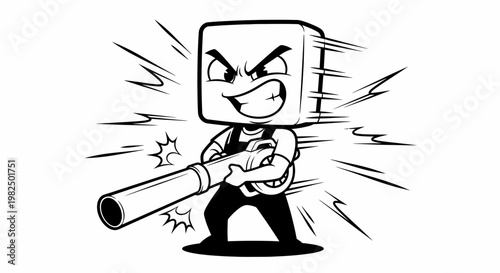 Angry cartoon character with giant block head.
