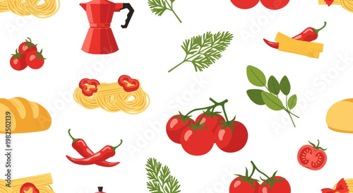 Italian Food Pattern: Pasta, Tomatoes, Chili Peppers, Bread, Herbs, Moka Pot