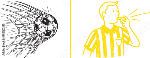 Soccer ball hitting the goal net and referee blowing whistle hand drawn vector illustration for sports competition