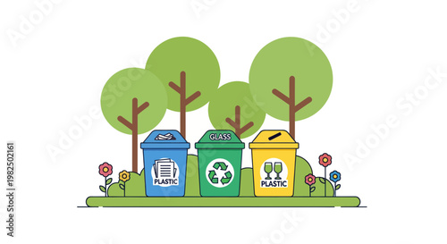 Recycling bins in a park with trees and flowers, illustration