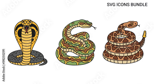 Set of Three Cobra, Python, and Rattlesnake Vector Icons in Flat Style