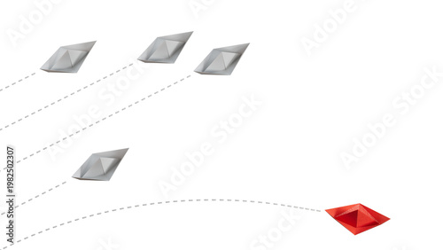 Photos Red paper origami boat have individual direction from unique white boats in different way