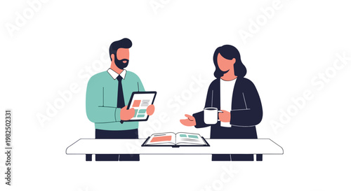 Two business professionals, a man and a woman, are collaborating and discussing information from a tablet and an open book.