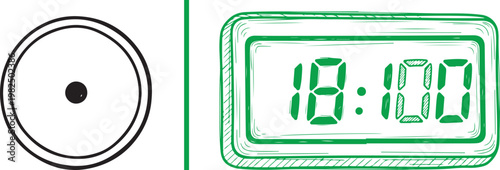 Hand drawn vector illustration of a digital clock showing 18:00 and a sun symbol representing evening time