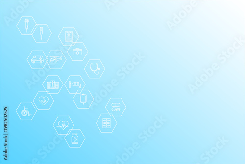 医療や科学に関するアイコンを六角形のフレームに入れて散りばめた水色の背景素材