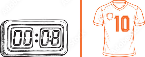 Hand drawn vector illustration of a digital timer showing eight seconds and a football jersey with number ten for sports competition concept