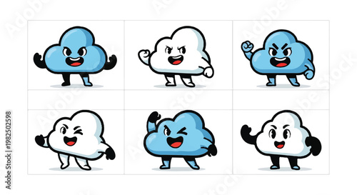 Cartoon cloud characters in various poses for design and illustration