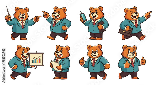 Cartoon bear character in various business poses vector illustration set