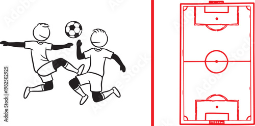 Stick figure soccer players competing for ball with red football pitch diagram vector illustration for sports strategy