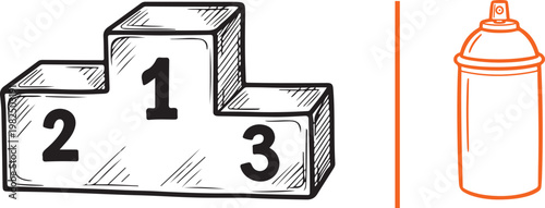 Vector illustration of a hand-drawn winner's podium and a spray paint can icon for graffiti competition and street art ranking