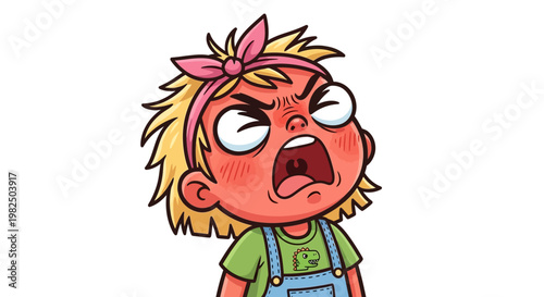 Furious little blonde girl screaming in rage, throwing a temper tantrum, cartoon vector illustration