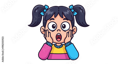 Little girl with pigtails expressing shock and surprise with hands on face, cartoon character