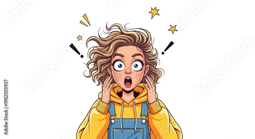 Surprised young girl with messy hair and stars, expressing amazement and wonder cartoon style