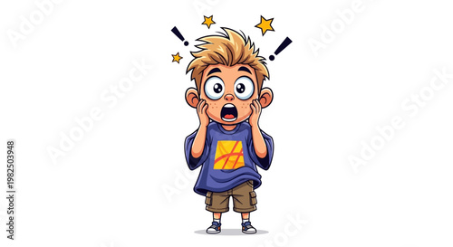 Surprised little boy with hands on face expressing shock and amazement, cartoon vector illustration