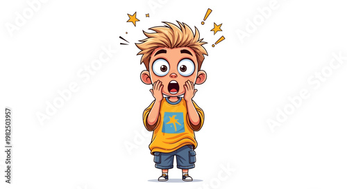 Surprised little boy with hands on face expressing shock and amazement, cartoon vector illustration