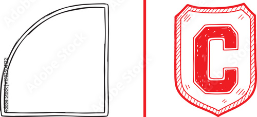 Hand drawn vector illustration of a red varsity letter C on a shield and a black quadrant frame for graphic design