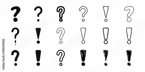 Collection of hand drawn question marks and exclamation points on white