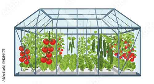 Hydroponic Greenhouse with Growing Tomatoes, Cucumbers, and Lettuce