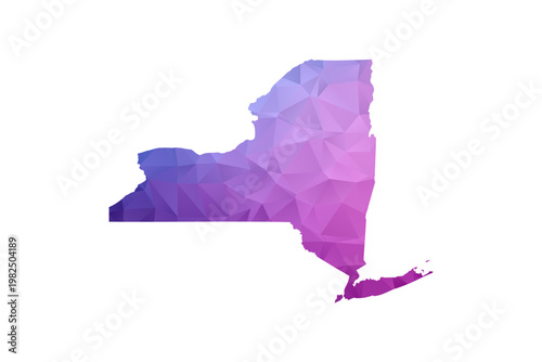New York Map - Polygon Style Vector Illustration in Blue and Purple Gradient, Low Poly Geometric Design, Isolated on White Background, Ideal for Infographics and Learning Materials.