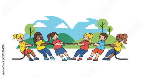 Diverse Children Playing Tug of War in a Park